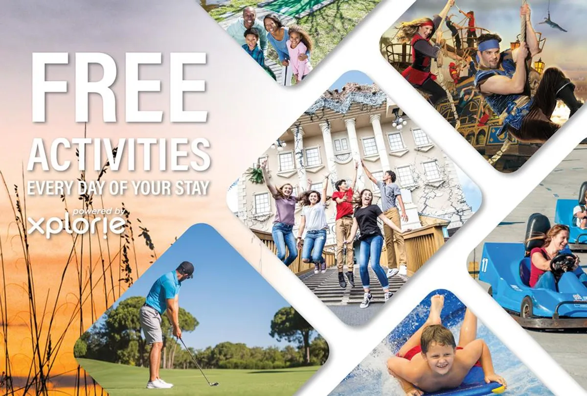 An energetic collage of families enjoying activities such as golfing, thrilling rides, and water sports, all set in a lively, outdoor environment. The image conveys joyful adventure and diverse recreational opportunities.
